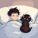 anime 6 foot 3 boyfriend black hair and 5 foot 6 chubbygirlfriend black hair in bed and tortoiseshell color cat happy 