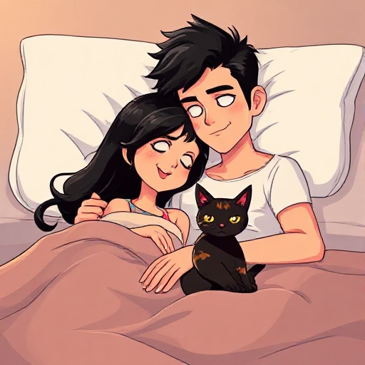 6 foot 3 boyfriend black hair and 5 foot 6 girlfriend black hair in bed and tortoiseshell color cat