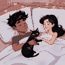 6 foot 3 boyfriend black hair and 5 foot 6 girlfriend black hair in bed and tortoiseshell color cat