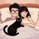 anime 6 foot 3 white with glasses boyfriend black hair and 5 foot 6 filipino girlfriend black hair in bed and tortoiseshell color cat happy 
