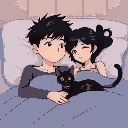 anime 6 foot 3 boyfriend black hair and 5 foot 6 girlfriend black hair in bed and tortoiseshell color cat