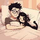anime 6 foot 3 white with glasses boyfriend black hair and 5 foot 6 filipino girlfriend black hair in bed and tortoiseshell color cat happy 