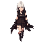 female assassin — white shoulder-length hair, pale skin. wears loose torn black bandages over a dark corset and ragged knee-length cloak. sword sheathed on left hip. muted tattoos: rose on thigh, swirl on right arm. dark fantasy gothic tone, sepia lightin