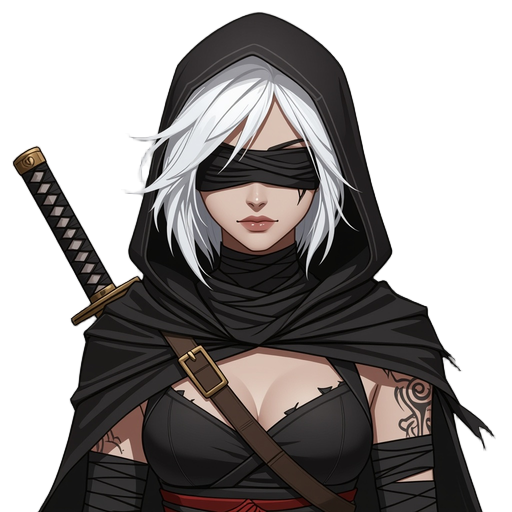pale-skinned female assassin with white tousled hair, blindfolded eyes, and a calm, mysterious aura. wears torn black bandages and a ragged dark cloak, katana on left hip, faint tattoos on arm and thigh, sepia lighting, gothic fantasy tone.
