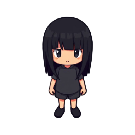  16-bit retro game aesthetic, standing in a neutral pose on a solid dark gray background. the character has long straight black hair that fully frames their head like a helmet, small white square eyes with light gray shading, and a simple rectangule mout