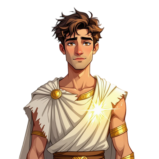 painterly fantasy portrait of a gaunt young man in tattered greek robes. his right arm is visible, marked by a glowing celestial brand of shimmering gold and silver that looks like a constellation, emitting a soft light.