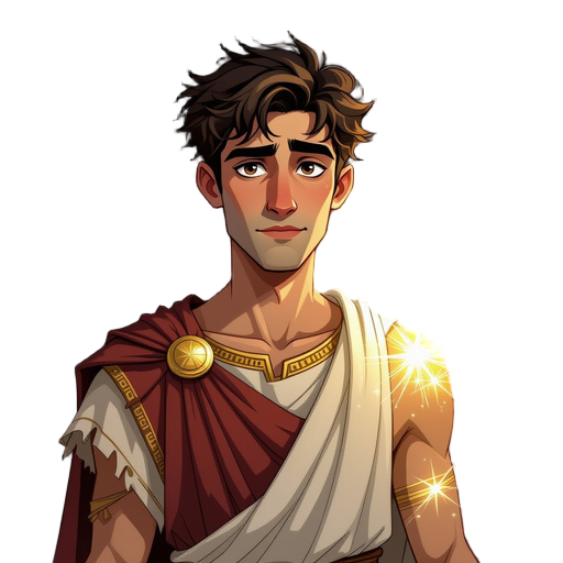 painterly fantasy portrait of a gaunt young man in tattered greek robes. his right arm is visible, marked by a glowing celestial brand of shimmering gold and silver that looks like a constellation, emitting a soft light.