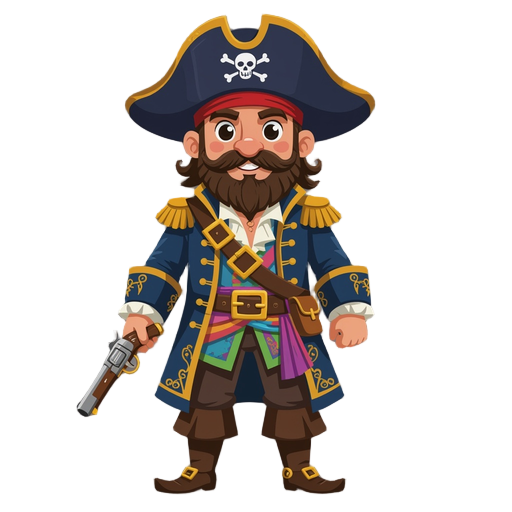 a pirate captain wearing a tricorn hat decorated with gold trim, a long embroidered coat with ornate details, a light shirt with a ruffled collar, and dark trousers tucked into tall boots. he has a colorful sash at his waist and a belt with a decorative b