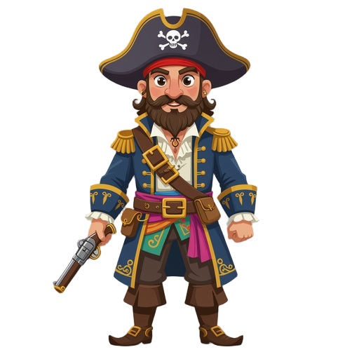 a pirate captain wearing a tricorn hat decorated with gold trim, a long embroidered coat with ornate details, a light shirt with a ruffled collar, and dark trousers tucked into tall boots. he has a colorful sash at his waist and a belt with a decorative b