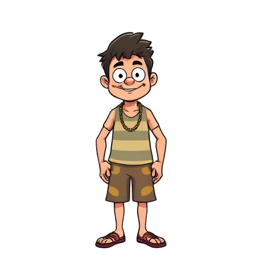 "develop a static character in the retro cartoon style of the 90s, inspired by the nostalgic and humorous aesthetic of jonny castaway. the design should convey a relaxed and funny personality, with ex