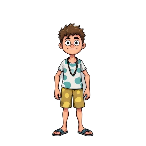 "develop a static character in the retro cartoon style of the 90s, inspired by the nostalgic and humorous aesthetic of jonny castaway. the design should convey a relaxed and funny personality, with ex