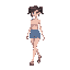 female walking in a crop top, mini skirt.