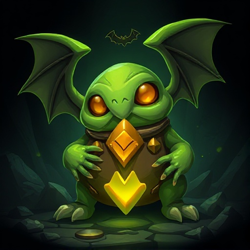 shining greenish golden tod and bat mixed shape creepy chest assets concept art, darkest dungeon style and cthulhu.