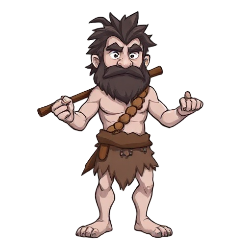 a caveman wielding a club, he has white, dark skin. he is buff and tall. he wears a classic animal pelt clothes, messy hair and a messy beard. nothing else.