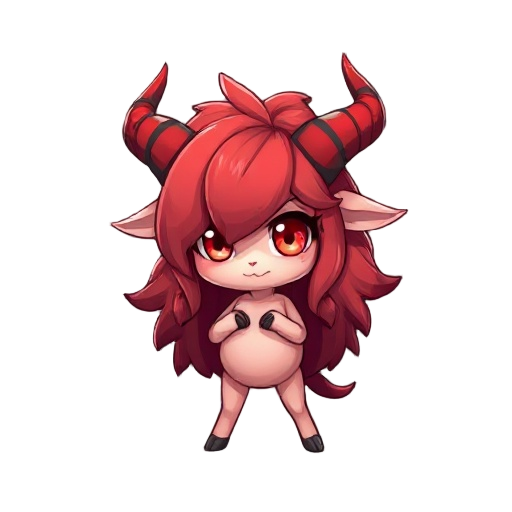 medium breast, red horns, fluffy red long wavy hair with black parts, red eyes