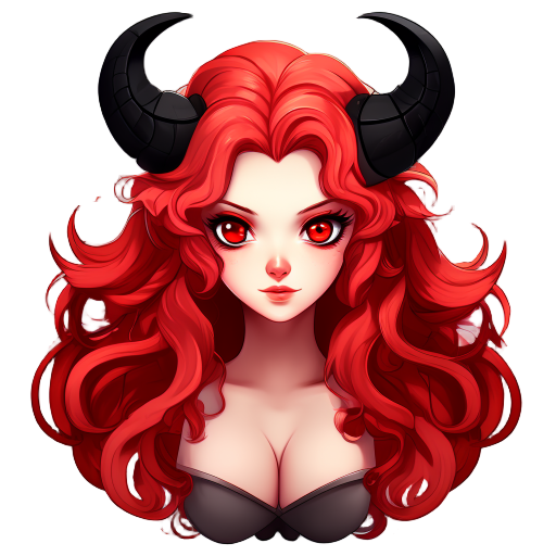 medium breast, red horns, fluffy red long wavy hair with black parts, red eyes