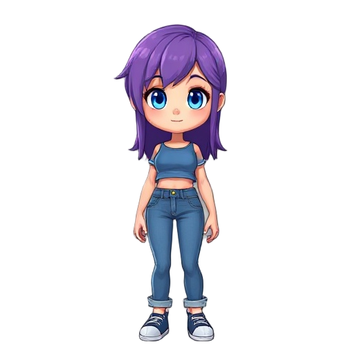 purple hair blue crop top and jean like short long hair blue eyes