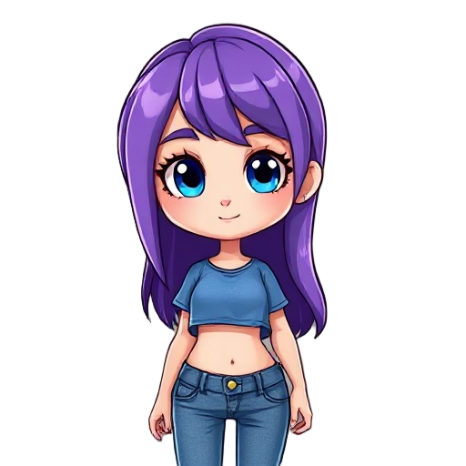purple hair blue crop top and jean like short long hair blue eyes
