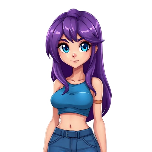 long hair purple women with crop top blue and blue eyes