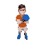 a young, very tall, very muscular boxer with white skin and brown hair. his clothing consists of a blue hand guard with his fingers visible, an orange t-shirt, white shorts, and blue shoes.