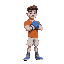 a young, tall, very muscular boxer with white skin and brown hair. his clothing consists of a blue hand guard with his fingers visible, an orange t-shirt, white shorts, and blue shoes.