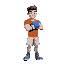 a young, very tall, very muscular strong boxer with white skin and brown hair. his clothing consists of a blue hand guard with his fingers visible, an orange t-shirt, white shorts, and blue shoes.