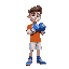 a young, tall, muscular boxer with white skin and brown hair. his clothing consists of a blue hand guard with his fingers visible, an orange t-shirt, white shorts, and blue shoes.