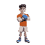 a young, very tall, very muscular boxer with white skin and brown hair. his clothing consists of a blue hand guard with his fingers visible, an orange t-shirt, white shorts, and blue shoes.