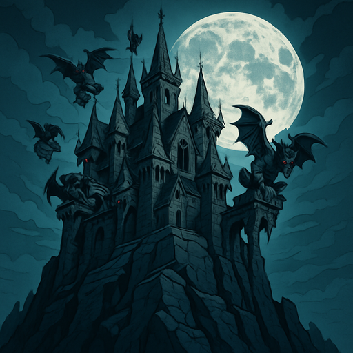 ultra detailed gothic horror castle on a jagged mountain cliff, full moon behind casting eerie cold light, massive pointed towers, demonic gargoyles perched along edges, ancient cracked stones covered
