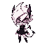 vaggie is a sharp, punk-styled demon with silver-white hair swept sideways, a vivid pink eye, and an x-shaped eyepatch. her fierce look is framed by heavy black eyeliner. she dons a black mini-dress w