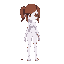 create a full-body 64x64 pixel art design of a female game character with brown hair and white skin. she has glowing white eyes and is standing in a slightly leaning position, with her weight shifted 