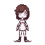 create a full-body 64x64 pixel art design of a female game character with brown hair and white skin. she has glowing white eyes and is standing in a slightly leaning position, with her weight shifted