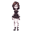 create a full-body 64x64 pixel art design of a female game character with brown hair and white skin. she has glowing white eyes and is standing in a slightly leaning position, with her weight shifted 