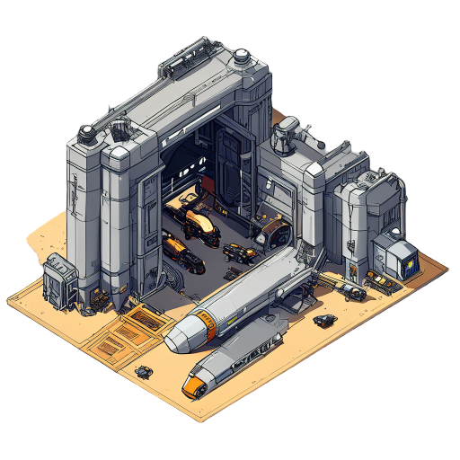 generate something that looks like an factory where space vehicles are being built, it should contain an gate which opens and lets out the vehicles. look at dune 2000 game for inspiration. it should be topdown isometric like command and conquer 95. 