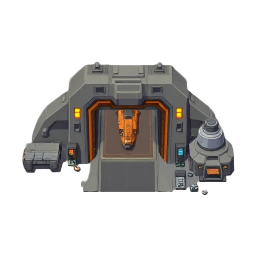generate something that looks like an factory where space vehicles are being built, it should contain an gate which opens and lets out the vehicles. look at dune 2000 game for inspiration. it should be topdown like command and conquer 95. 