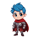 um menino de cabelo azul liso para baixo pele branca olhos amarelos vestindo uma armadura medieval com detalhes prata e dourado com uma capa vermelha
