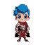 um menino de cabelo azul liso para baixo pele branca olhos amarelos vestindo uma armadura medieval com detalhes prata e dourado com uma capa vermelha