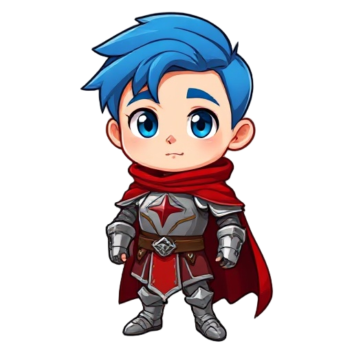 um menino de cabelo azul liso para baixo pele branca olhos amarelos vestindo uma armadura medieval com detalhes prata e dourado com uma capa vermelha