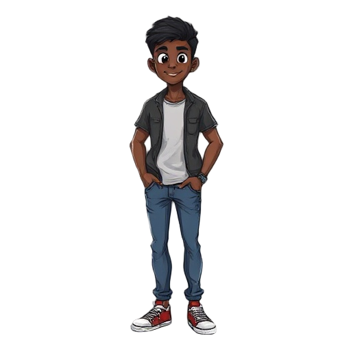 kayô, jovem negro de 16 anos, cabelo cacheado solto, veste camiseta larga, calça jeans e tênis. tem postura ágil, olhar atento e expressão curiosa, pronto para descobrir seu legado.