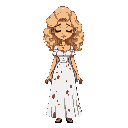 victorian women blonde curly hair wearing white dress covered in blood spots. eyes closed she was murdered. she is desgined as a charater for a 2d video game 