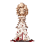victorian women blonde curly hair wearing white dress covered in blood spots. eyes closed she was murdered. she is desgined as a charater for a 2d video game 