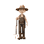 wearing a straw hat, overalls, boots and holding a pitchfork. with a clear walking posture. designed for a retro style farm simulation game.