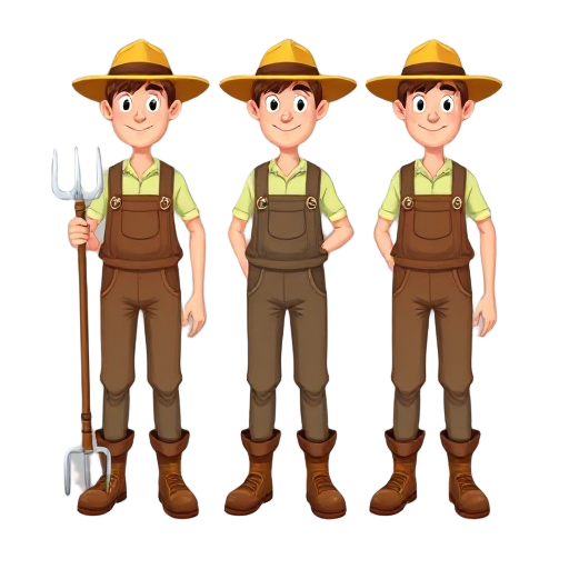 prompt: wearing a straw hat, overalls, boots, and holding a pitchfork. each pose is separated in a sprite grid, with clear walking stance. designed for a retro-style farming simulation game.  size: 64