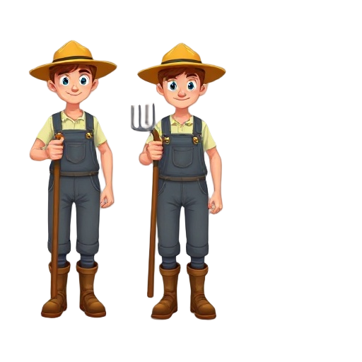 prompt: wearing a straw hat, overalls, boots, and holding a pitchfork. each pose is separated in a sprite grid, with clear walking stance. designed for a retro-style farming simulation game.