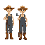 prompt: wearing a straw hat, overalls, boots, and holding a pitchfork. each pose is separated in a sprite grid, with clear walking stance. designed for a retro-style farming simulation game.