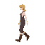poor medieval   side view   blonde woman   walking   overalls, boots and with a clear walking posture.  designed for a  retro-style farm simulation game.