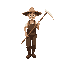 medieval poor   sideways   straw hat   holding a scythe   walking   overalls, boots and with a clear walking posture. man  designed for a  retro-style farm simulation game.