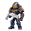 createateal armored scifi soldierwithgoldvisorcolorful utility modulesand white energy riflebulky design with medical insigniasvibrant contrasting colors on angular armor plates with reflective finish