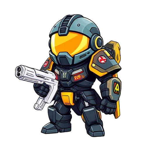 createateal armored scifi soldierwithgoldvisorcolorful utility modulesand white energy riflebulky design with medical insigniasvibrant contrasting colors on angular armor plates with reflective finish