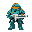 create a teal armored sci-fi soldier with gold visor, colorful utility modules, and white energy rifle. bulky design with medical insignias. vibrant contrasting colors on angular armor plates